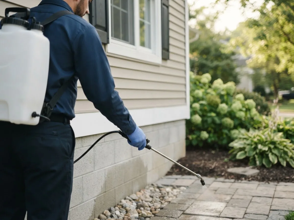 Pest control technician inspecting a home in Oakford, IL